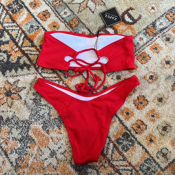 NWT Zaful Red Strapless Ribbed Bikini - Picture 7 of 7